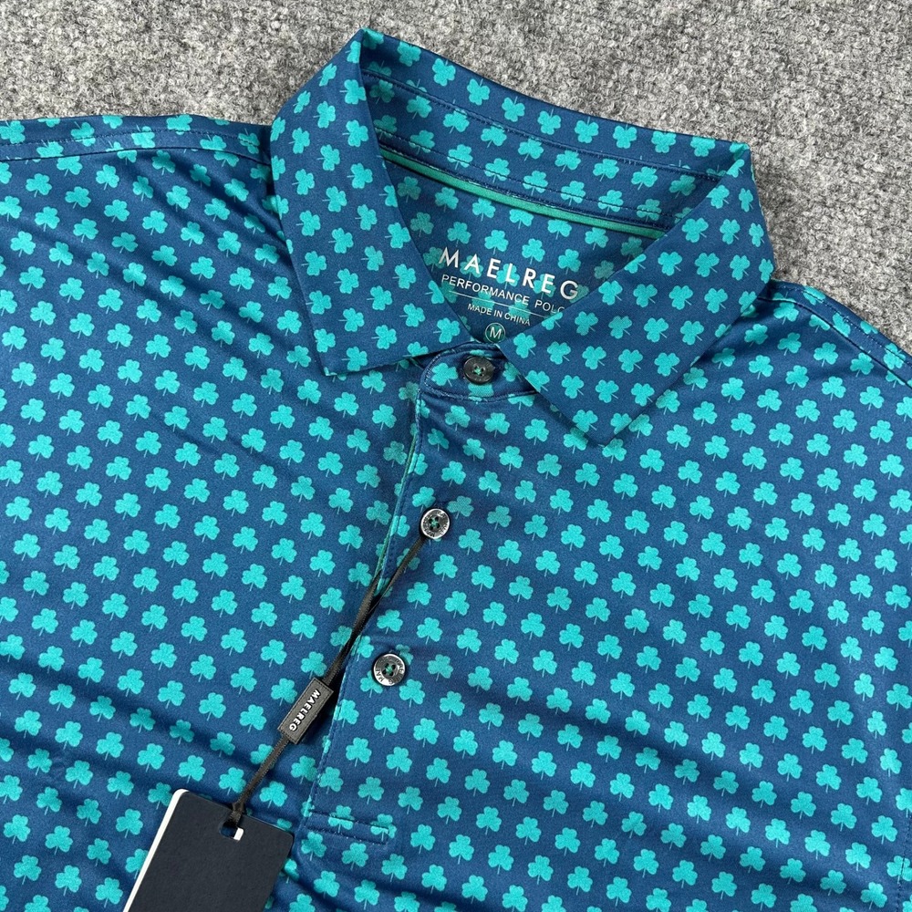 MAELREG Performance Polo Mens M Teal Green Shamrock‎ Clover Golf Shirt NWT